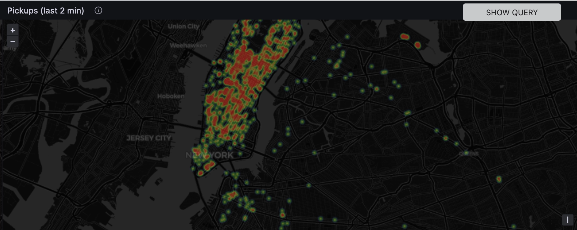 A slice of New York, with red, organge and yellow splotches. Lots of cabs!